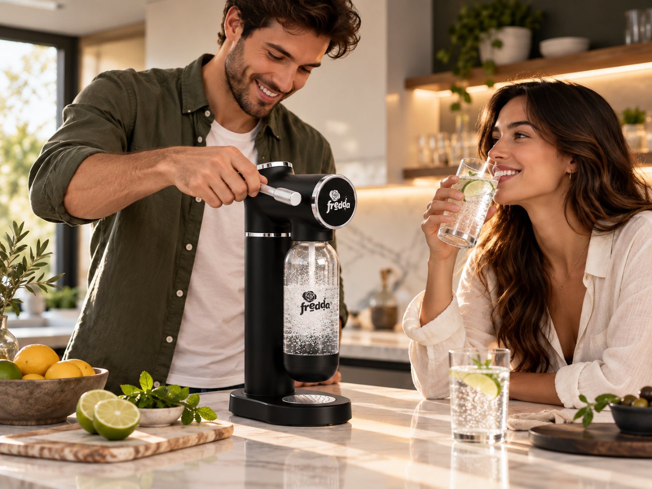 Casal preparando água com gás na Fredda Acqua Pro na cozinha