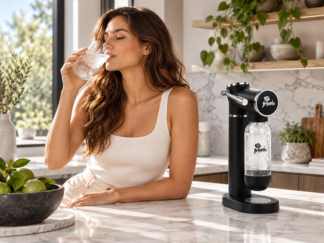Mulher bebendo água com gás ao lado da Fredda Acqua Pro