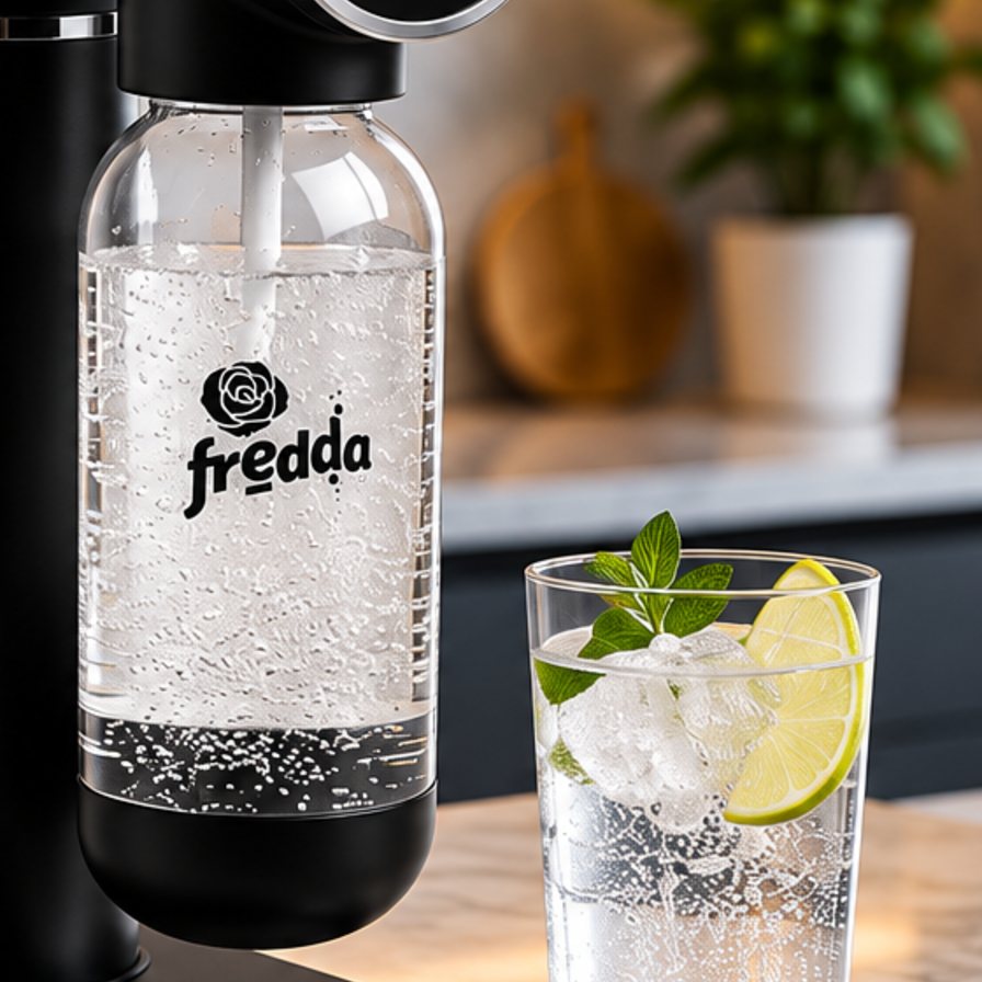 Garrafa Fredda com água gaseificada e copo com gelo
