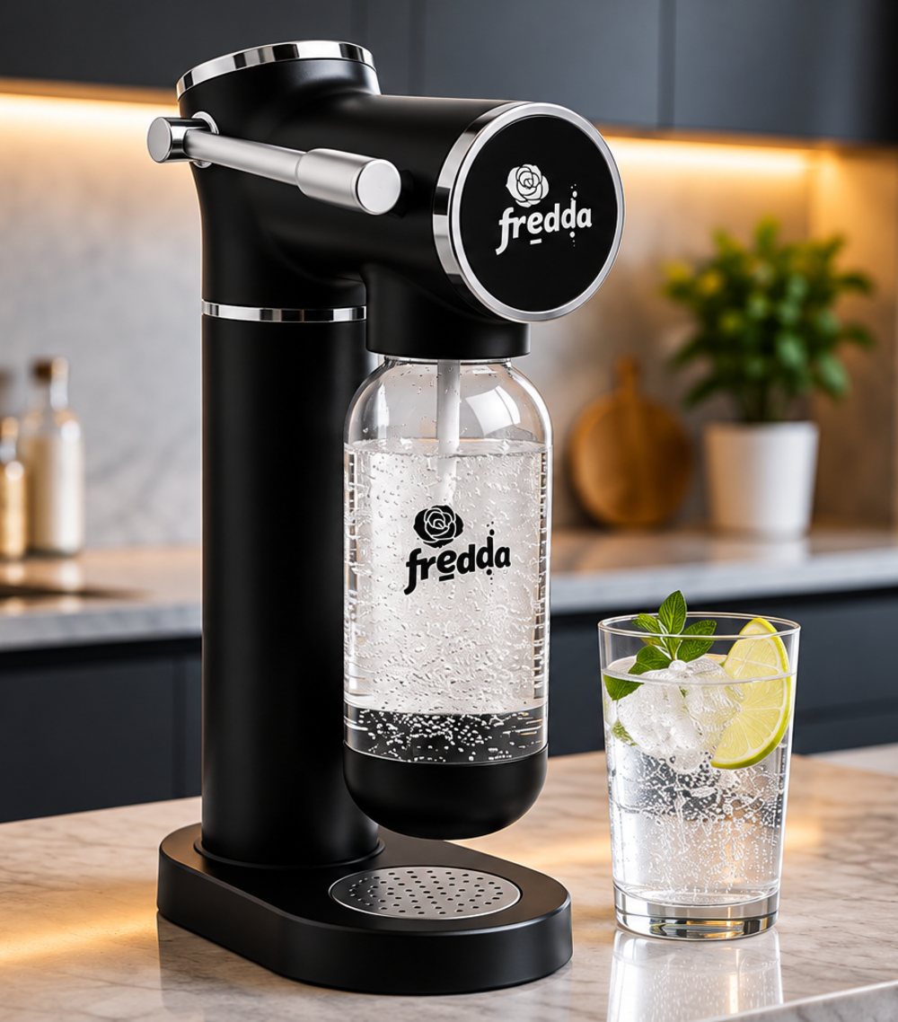 Fredda Acqua Pro preta em cozinha escura com copo de água com gás
